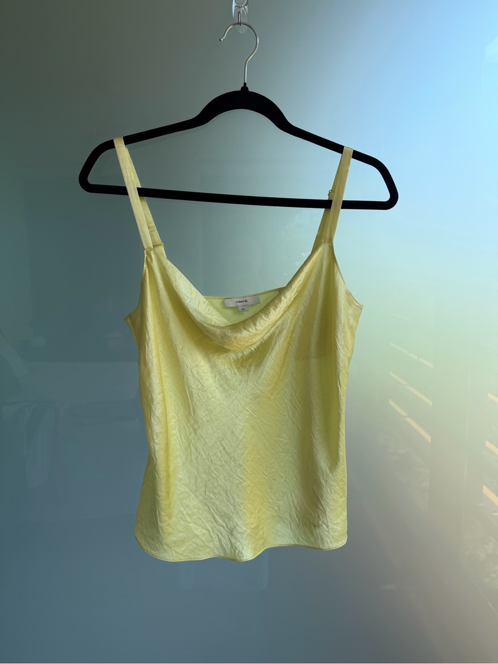 VINCE Summer Bright Yellow Satin Cowl Neck Tank - Picture 2 of 4